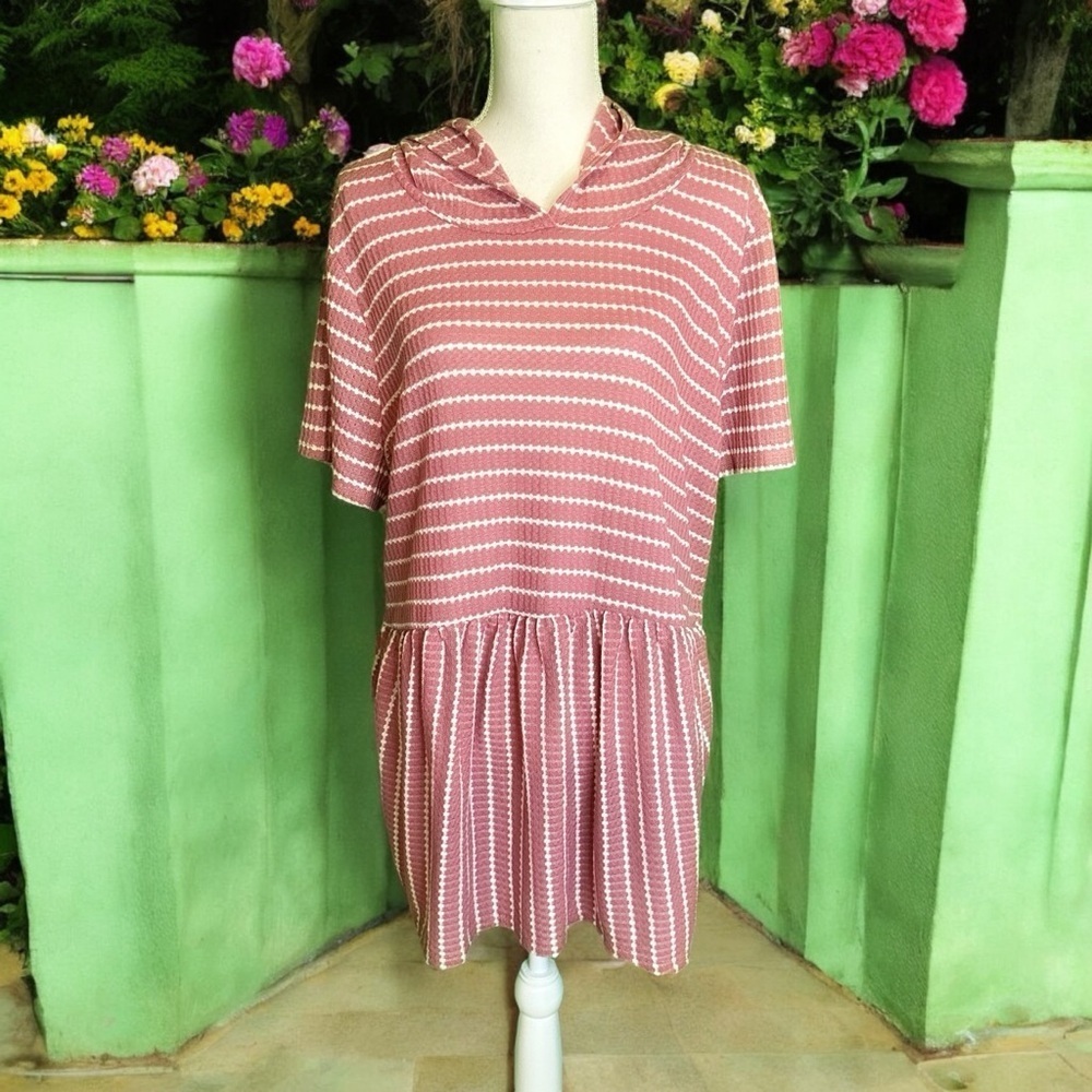 NWT Lane Bryant Mauve Pink & White Striped Waffle Knit Hooded Babydoll Tee 18/20